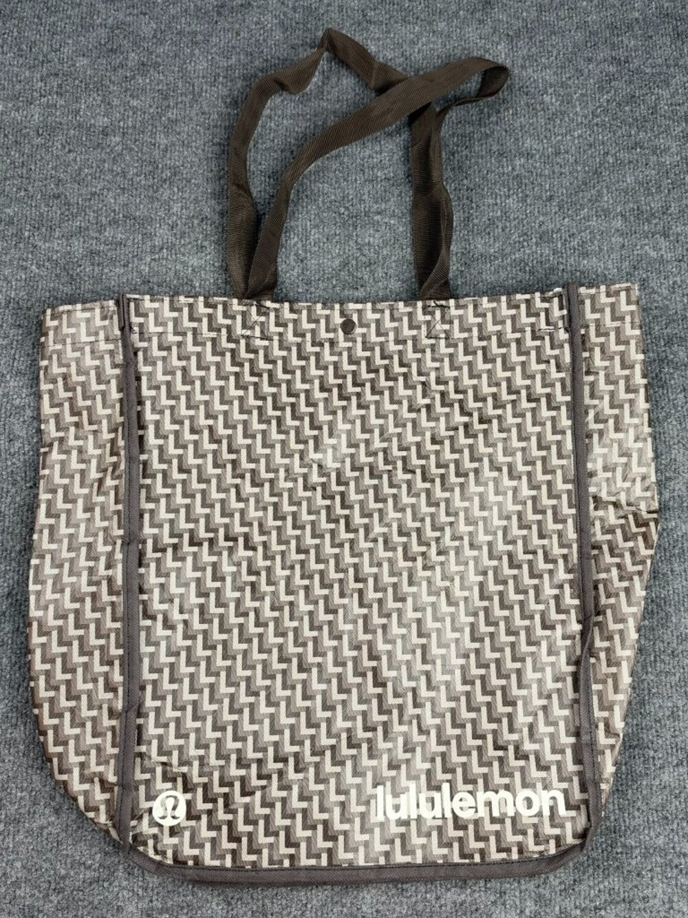 Lululemon Reusable Tote Shopper Bag Brown Tan Monogram Print Snap Snap Closure